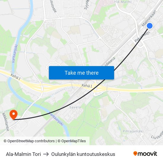 Ala-Malmin Tori to Oulunkylän kuntoutuskeskus map