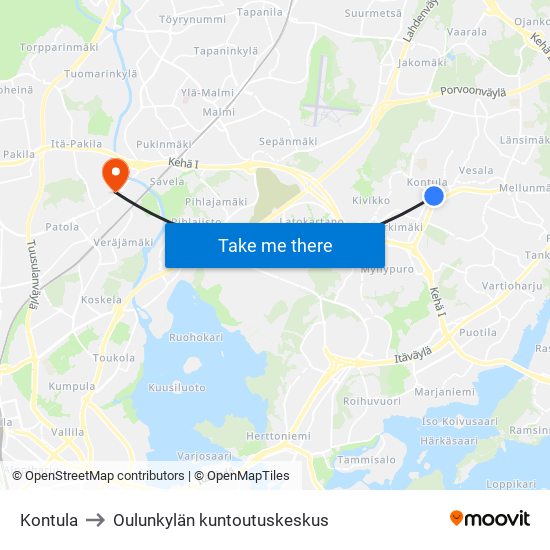 Kontula to Oulunkylän kuntoutuskeskus map