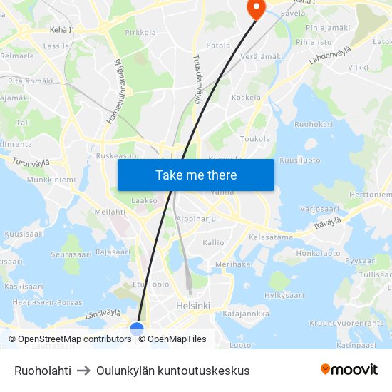 Ruoholahti to Oulunkylän kuntoutuskeskus map