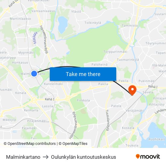 Malminkartano to Oulunkylän kuntoutuskeskus map