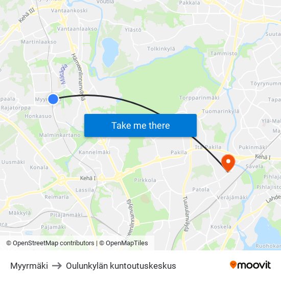 Myyrmäki to Oulunkylän kuntoutuskeskus map