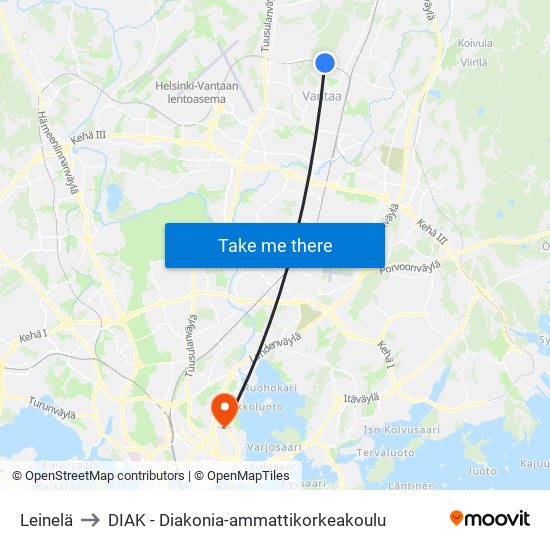 Leinelä to DIAK - Diakonia-ammattikorkeakoulu map