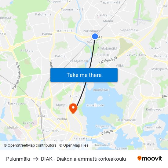 Pukinmäki to DIAK - Diakonia-ammattikorkeakoulu map