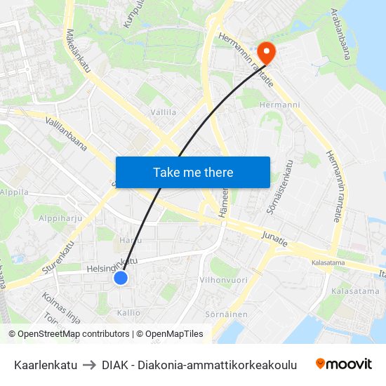 Kaarlenkatu to DIAK - Diakonia-ammattikorkeakoulu map