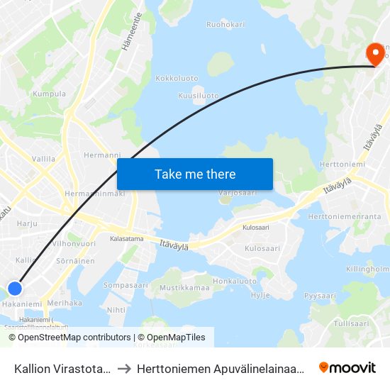 Kallion Virastotalo to Herttoniemen Apuvälinelainaamo map