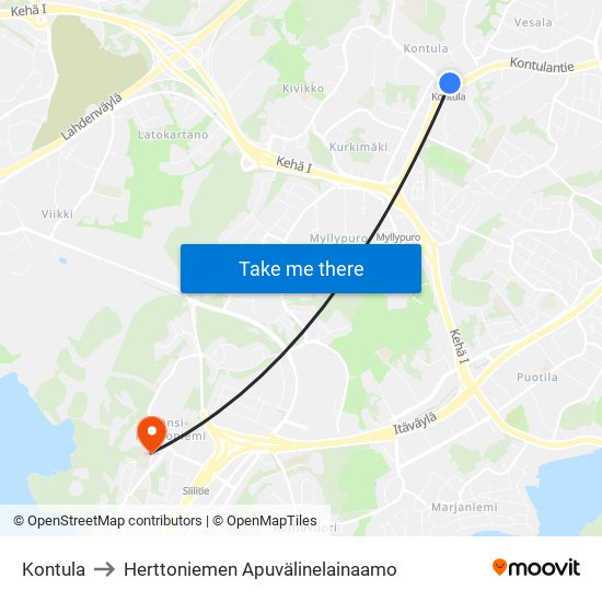 Kontula to Herttoniemen Apuvälinelainaamo map