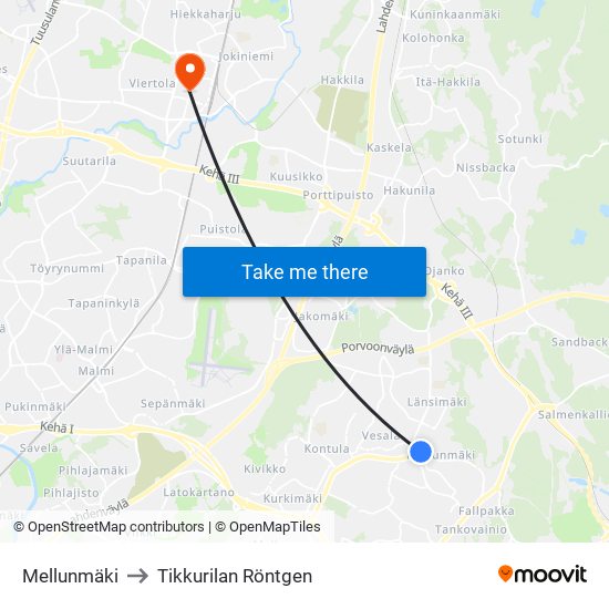 Mellunmäki to Tikkurilan Röntgen map