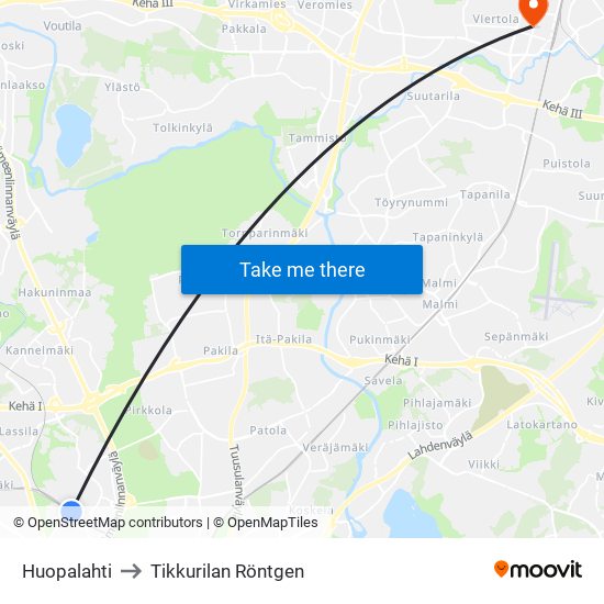 Huopalahti to Tikkurilan Röntgen map