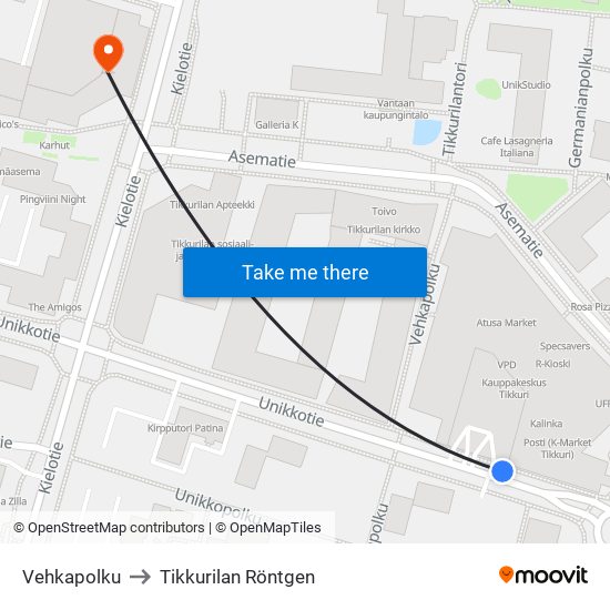 Vehkapolku to Tikkurilan Röntgen map