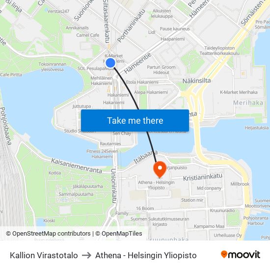 Kallion Virastotalo to Athena - Helsingin Yliopisto map