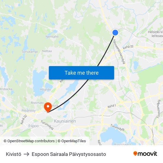 Kivistö to Espoon Sairaala Päivystysosasto map