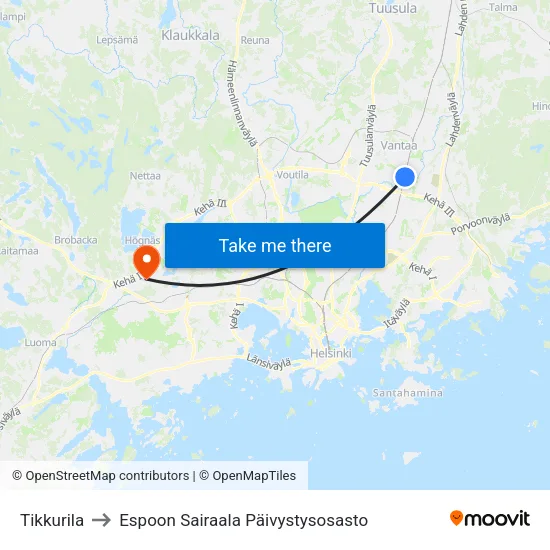 Tikkurila to Espoon Sairaala Päivystysosasto map