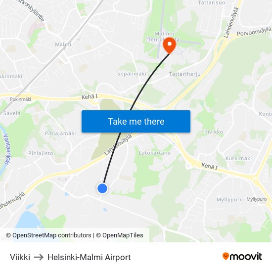 Viikki to Helsinki-Malmi Airport map