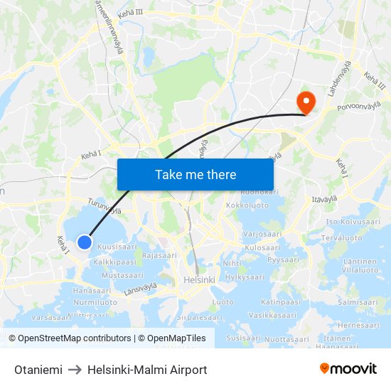 Otaniemi to Helsinki-Malmi Airport map