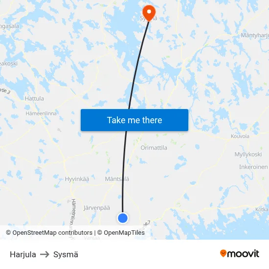 Harjula to Sysmä map
