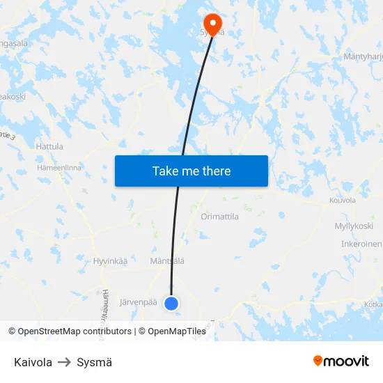 Kaivola to Sysmä map