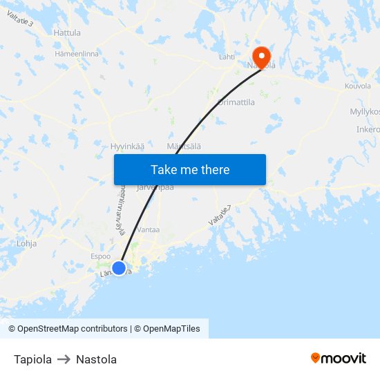 Tapiola to Nastola map