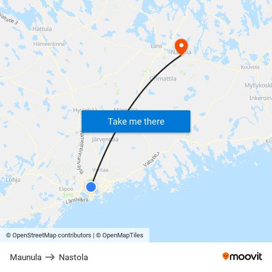 Maunula to Nastola map