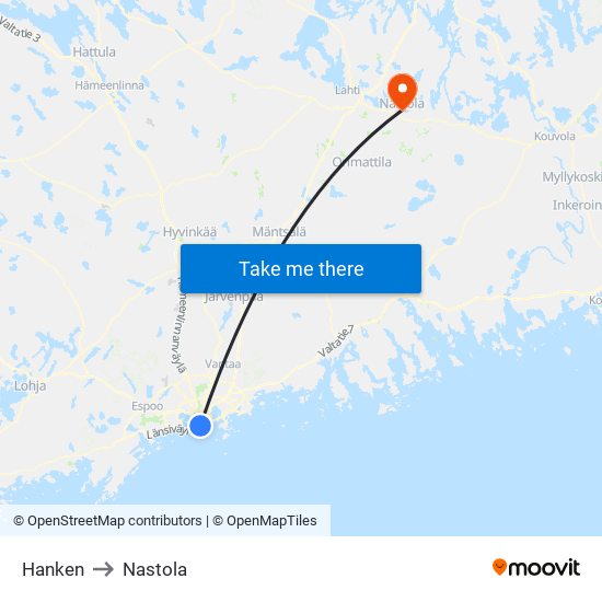 Hanken to Nastola map