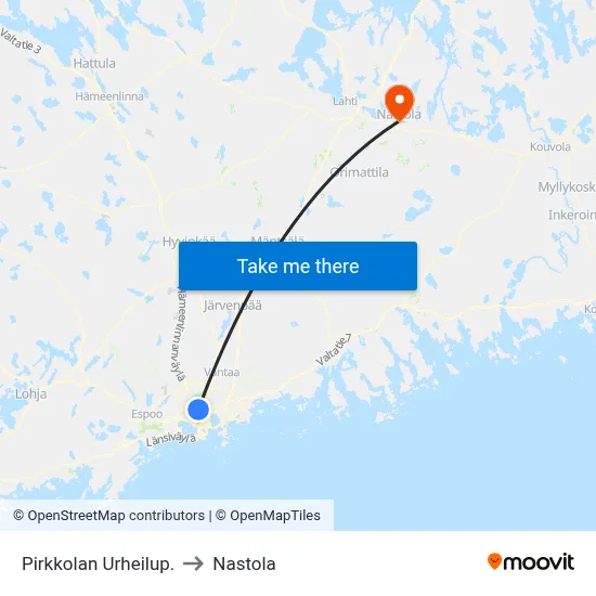 Pirkkola Sports Park to Nastola map