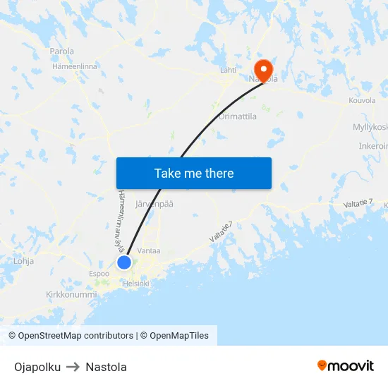 Ojapolku to Nastola map