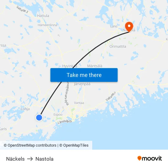 Näckels to Nastola map