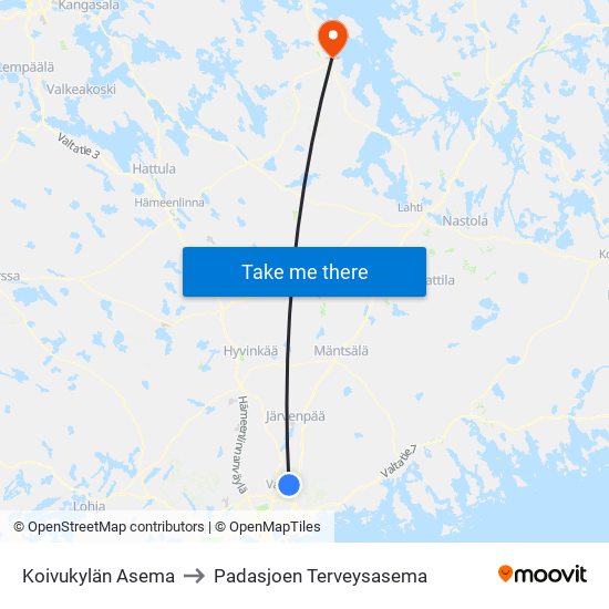 Koivukylän Asema to Padasjoen Terveysasema map