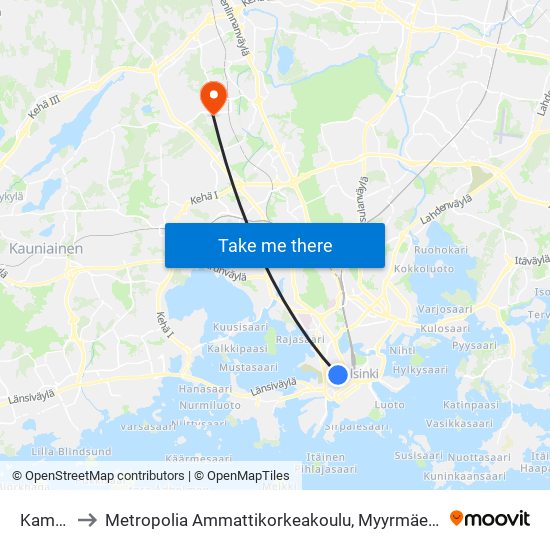 Kamppi to Metropolia Ammattikorkeakoulu, Myyrmäen Kampus map