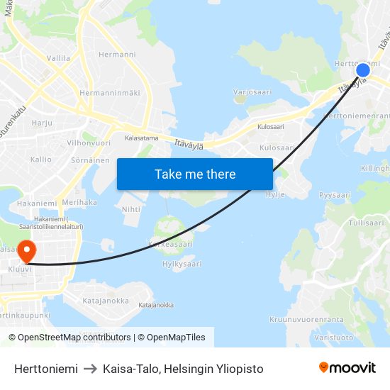 Herttoniemi to Kaisa-Talo, Helsingin Yliopisto map