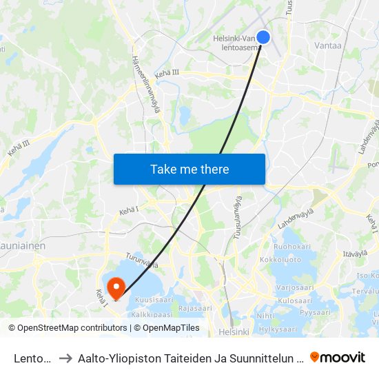 Lentoasema to Aalto-Yliopiston Taiteiden Ja Suunnittelun Korkeakoulun Rakennus Väre map