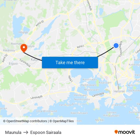 Maunula to Espoon Sairaala map