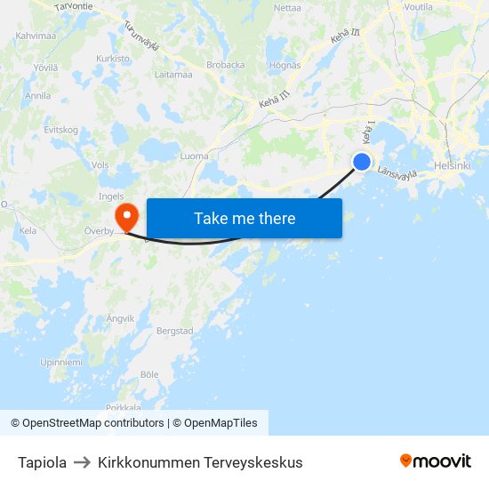 Tapiola to Kirkkonummen Terveyskeskus map