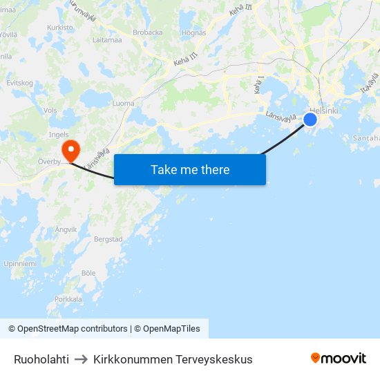 Ruoholahti to Kirkkonummen Terveyskeskus map