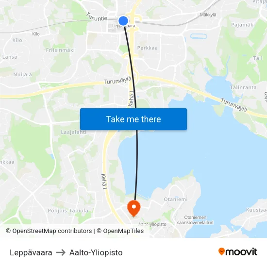 Leppävaara to Aalto-Yliopisto map