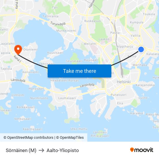 Sörnäinen (M) to Aalto-Yliopisto map