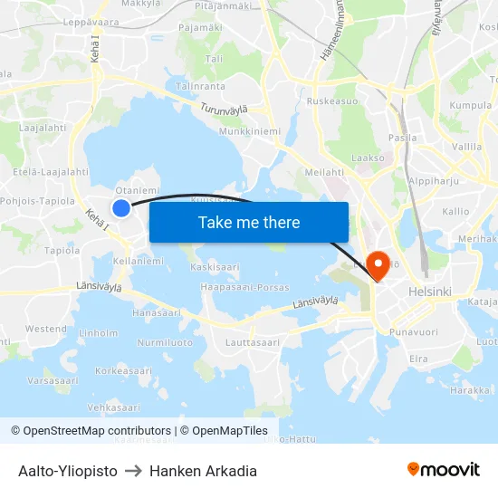 Aalto-Yliopisto to Hanken Arkadia map