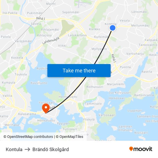 Kontula to Brändö Skolgård map