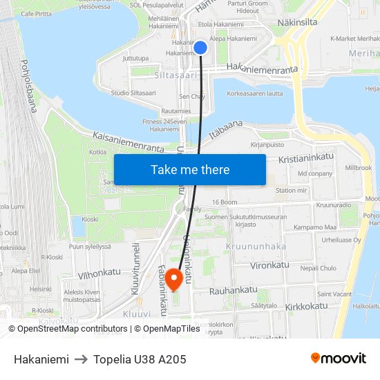 Hakaniemi to Topelia U38 A205 map