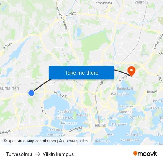 Turvesolmu to Viikin kampus map