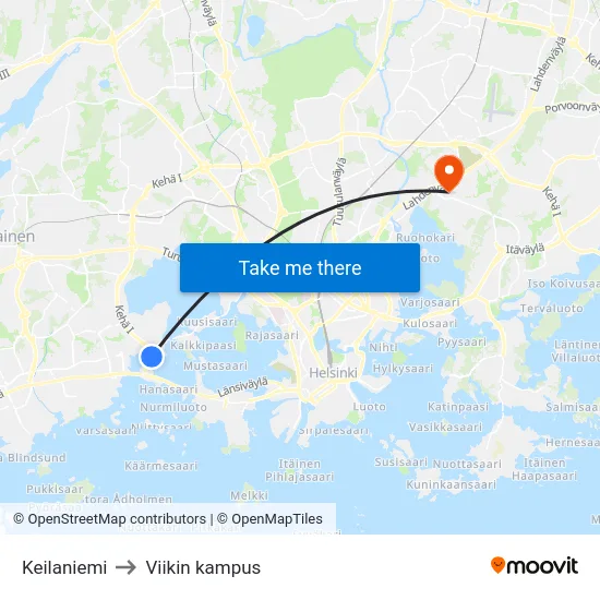 Keilaniemi to Viikin kampus map