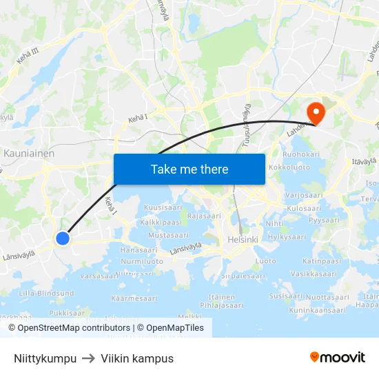 Niittykumpu to Viikin kampus map