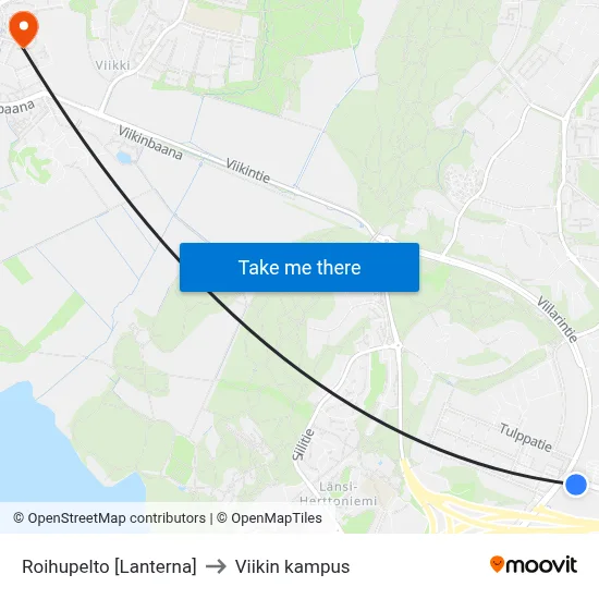 Roihupelto [Lanterna] to Viikin kampus map
