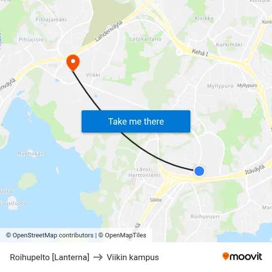 Roihupelto [Lanterna] to Viikin kampus map