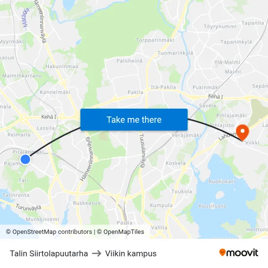 Talin Siirtolapuutarha to Viikin kampus map
