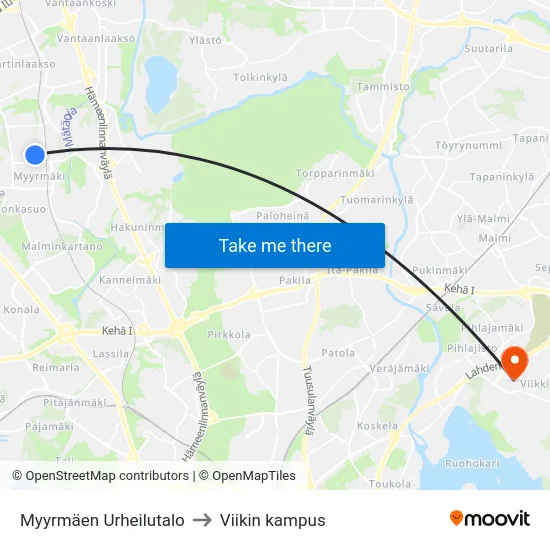 Myyrmäen Urheilutalo to Viikin kampus map