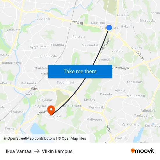 Ikea Vantaa to Viikin kampus map