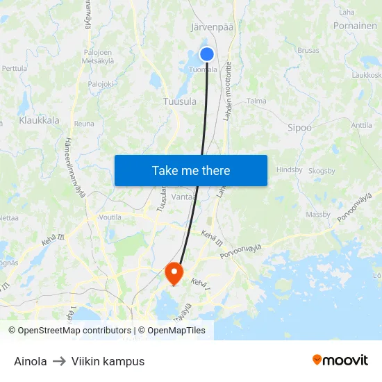 Ainola to Viikin kampus map