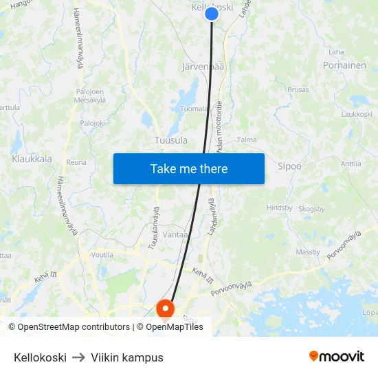 Kellokoski to Viikin kampus map