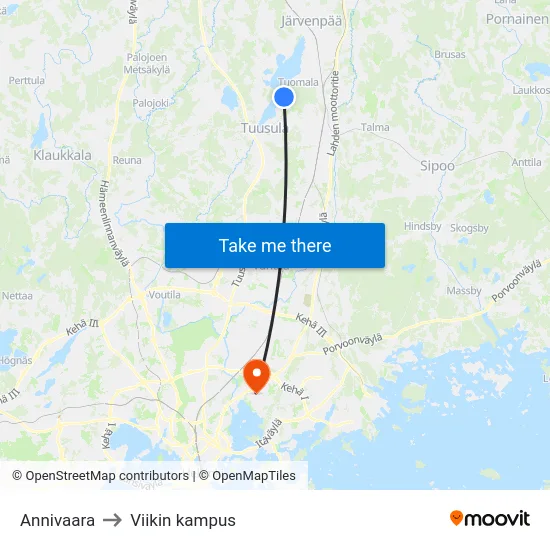 Annivaara to Viikin kampus map