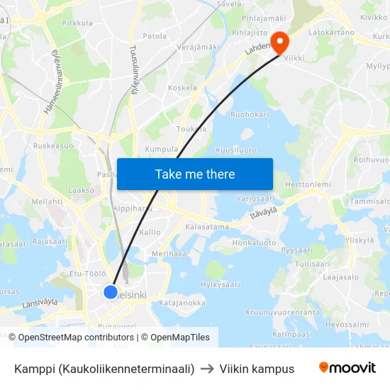 Kamppi (Kaukoliikenneterminaali) to Viikin kampus map